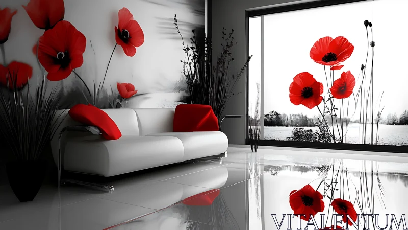 Monochrome living room contrasts vivid red poppy decor