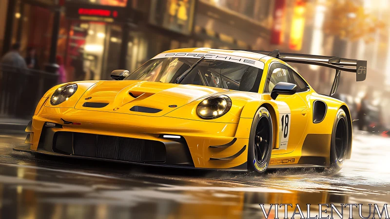 Yellow GT race car accelerates on wet city street with dynamic reflections