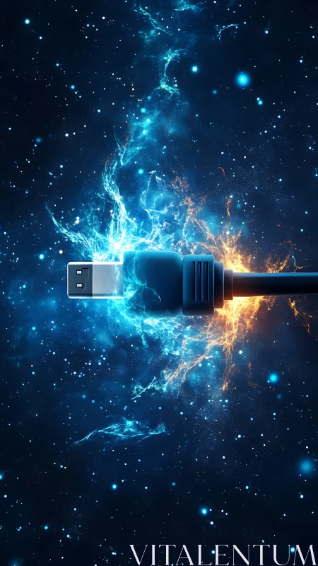 Cosmic USB cable sparking bright blue and orange energy.