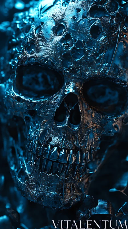 3D metallic skull study with corroded biomechanical surface detailing.