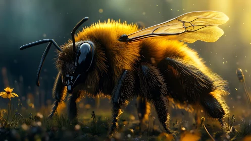 Macro close up of detailed bee in warm sunset light.