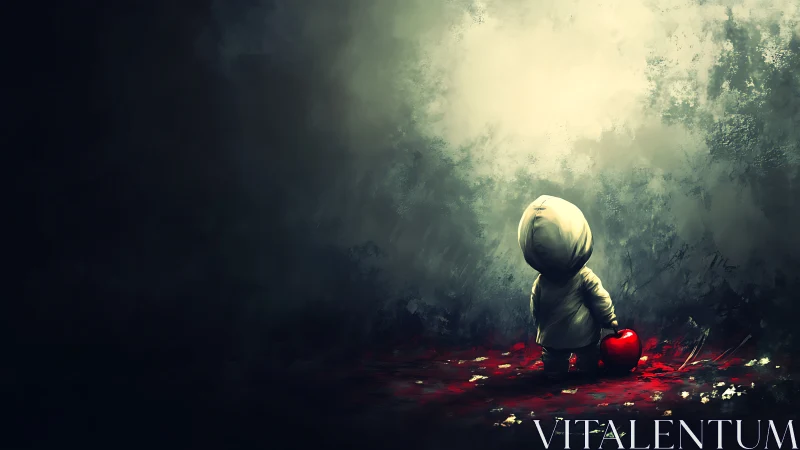 Hooded child stands on red ground holding heart-shaped object