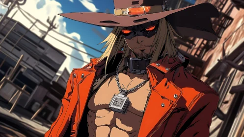 Dusty street outlaw in blazing red coat and brimmed hat.