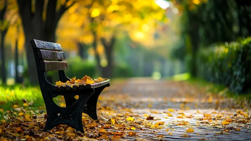 Park bench holds autumn leaves beside glowing path.