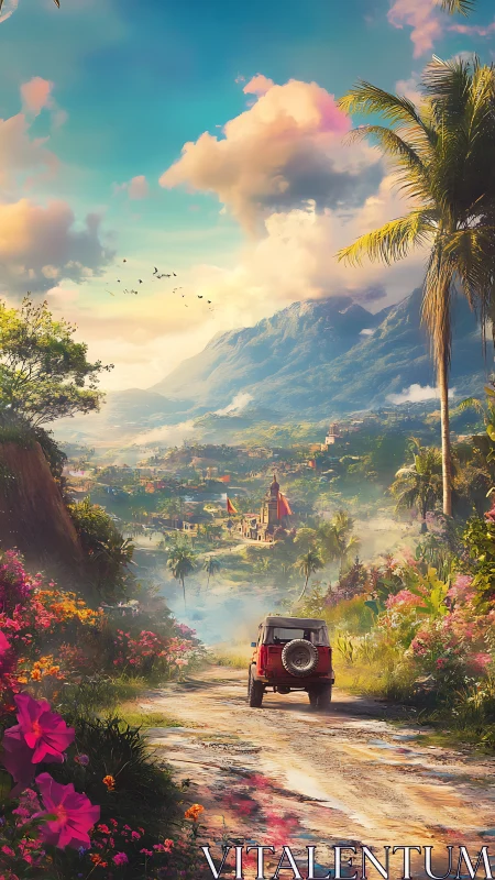 Digital painting of tropical valley road with distant village.