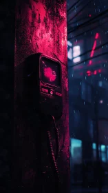 Public intercom unit on weathered pillar under neon light.