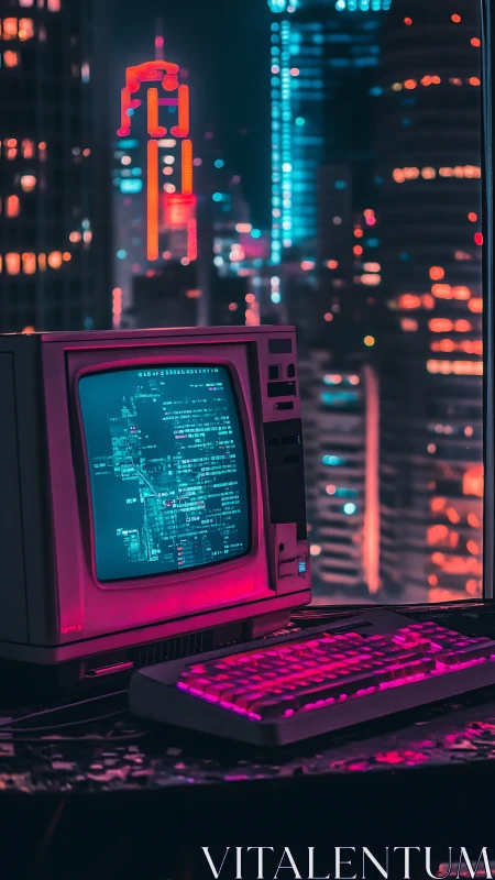 Retro CRT terminal maps neon cyberpunk skyline with magenta key lighting