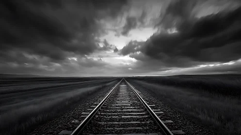 Railway tracks extending into horizon under dense clouds.