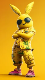 Cool yellow bunny mascot in tropical streetwear stance.