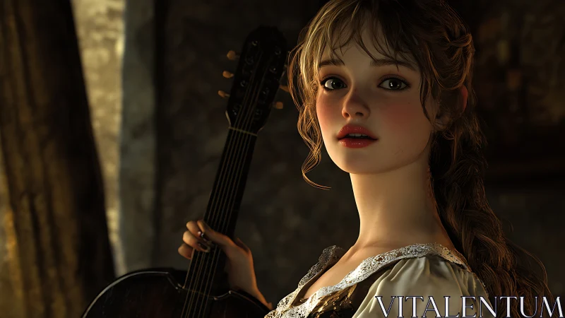 Digital portrait shows young woman holding stringed instrument