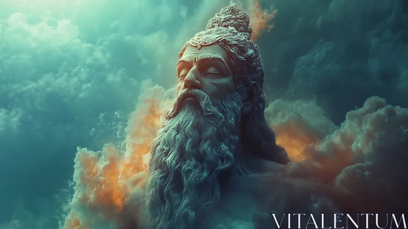 Stone-like bearded bust emerges symmetrically from dense clouds