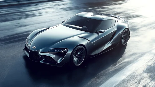 Sleek metallic sports coupe rendered on wet reflective track.