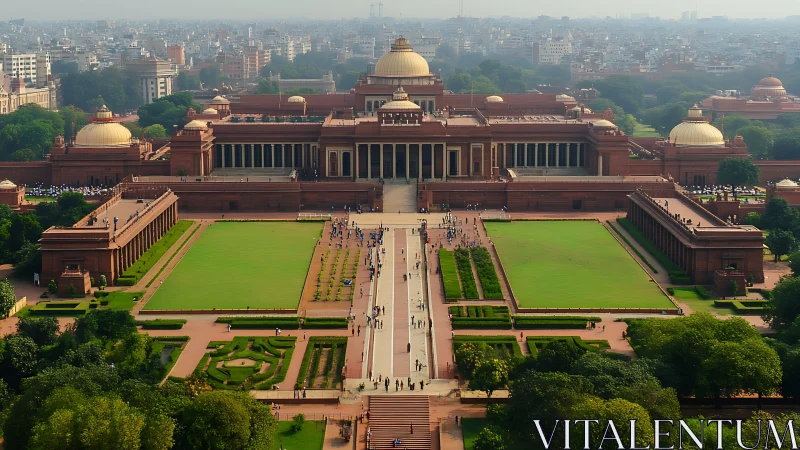 Sunlit government complex framed by lush city gardens.