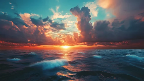 Glowing ocean sunset wrapped in dreamy clouds and soft waves.