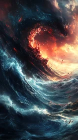 Elemental vortex of fire and ocean in cinematic collision.