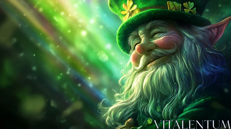 Smiling emerald leprechaun bathing in enchanted green light.