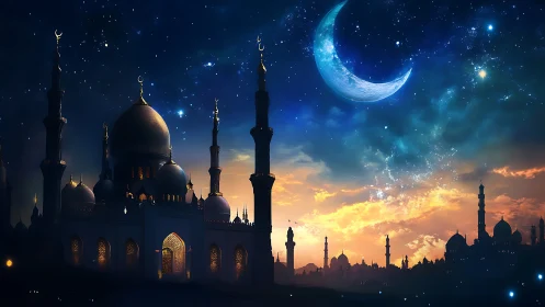 Night sky shows crescent moon above illuminated mosque skyline