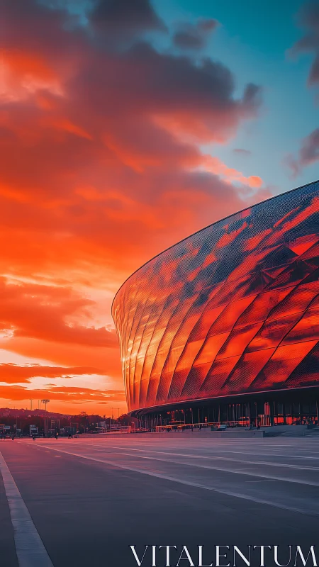 Stadium facade burns under saturated orange sunset sky.