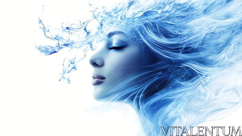 Surreal Portrait of Woman with Flowing Blue Water Hair, Digital Art.