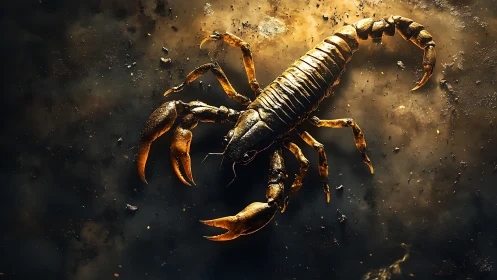 Gold-armored scorpion drifts through a storm of cosmic dust