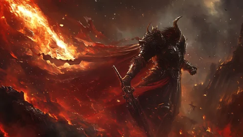 Armored demonic warlord dominates apocalyptic lava battlefield