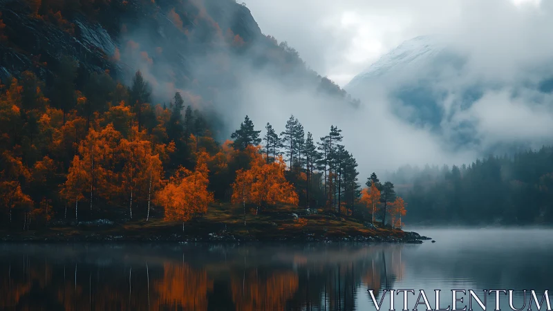 Soft mist embraces an autumn lake wrapped in glowing trees