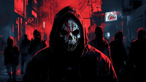 Hooded skull-masked figure leads silhouetted crowd through red-lit alley