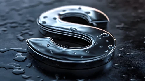 Metallic Letter S with Water Droplets in Photorealistic Style.