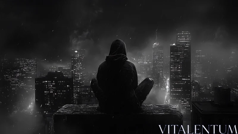 Hooded figure on rooftop overlooking rainy night city.