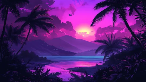 Neon twilight tropical bay in stylized digital landscape painting.