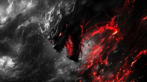 Volcanic void dragon emerging from turbulent cosmic storm.