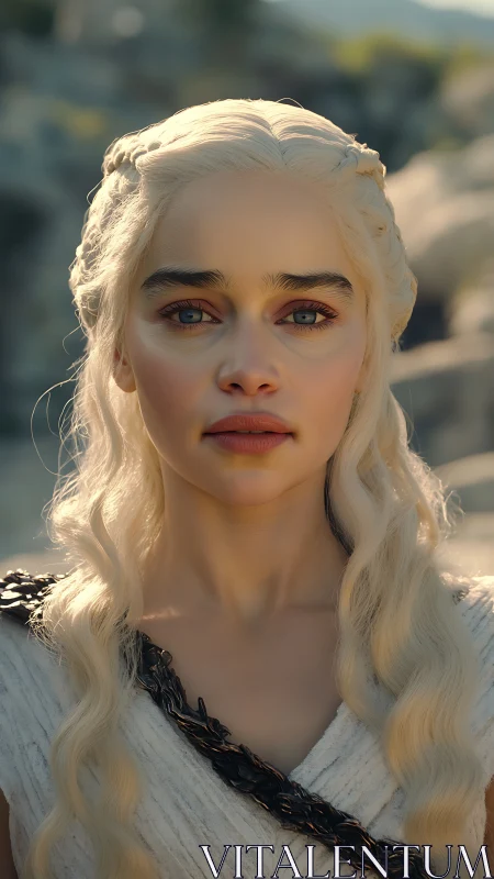 Silver-haired warrior queen under sunlit stone cliffs.