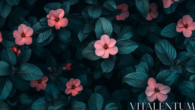 Pink five-petaled flowers with dark teal foliage in overhead composition view.