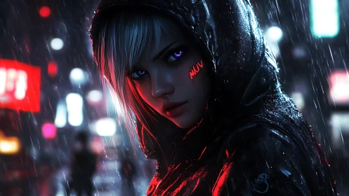 Cyberpunk hooded woman studies neon city through rain
