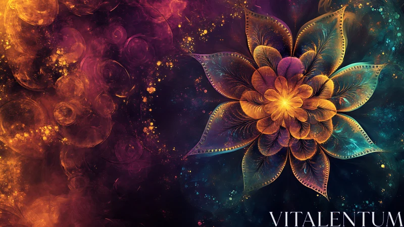 Fractal flower mandala with glowing colorful petals.