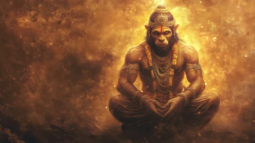 High-detail simian deity portrait in meditative symmetric pose