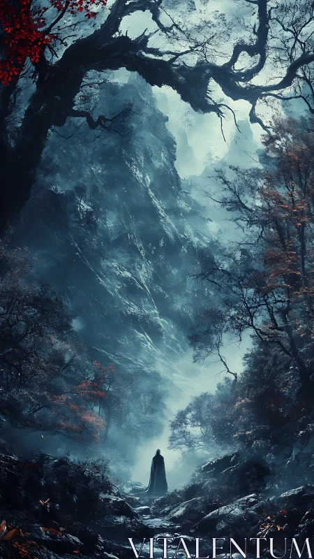 Solitary cloaked figure traverses a mist-laden enchanted ravine