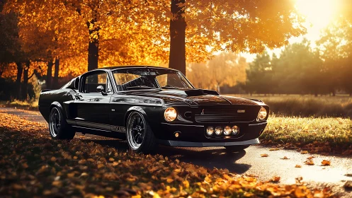 Black classic fastback car is parked on an autumn road