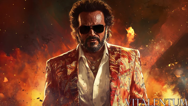 Digital painting portrait of defiant man in blazing inferno backdrop.