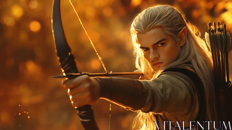Elf archer holds drawn bow against defocused warm backdrop