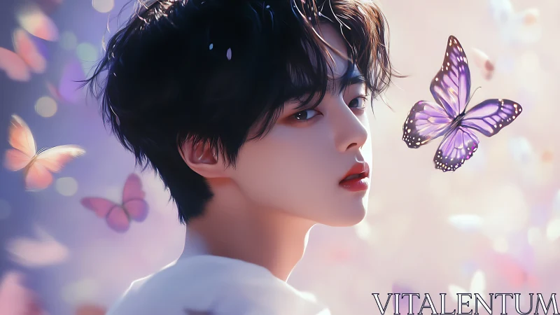 Soft lit portrait of youth surrounded by glowing butterflies.
