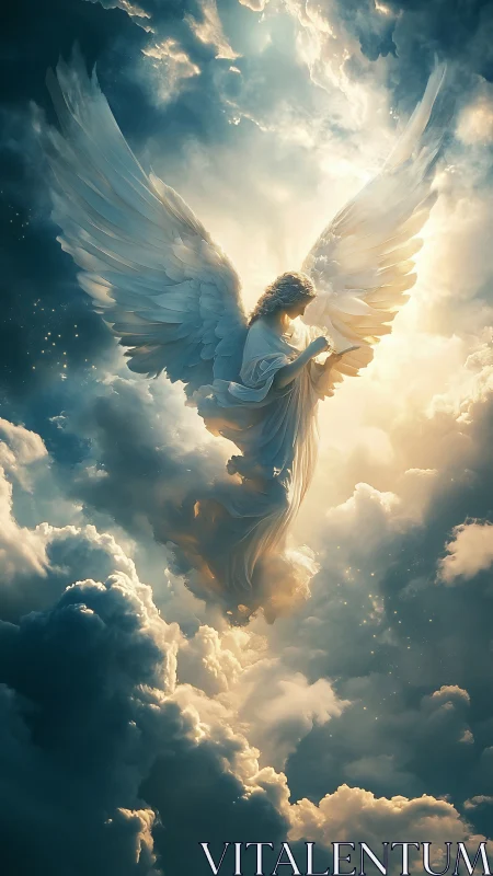 Radiant angel rises through sunlit clouds in celestial sky