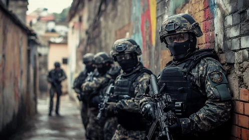 Urban tactical response team in narrow alleyway deployment.