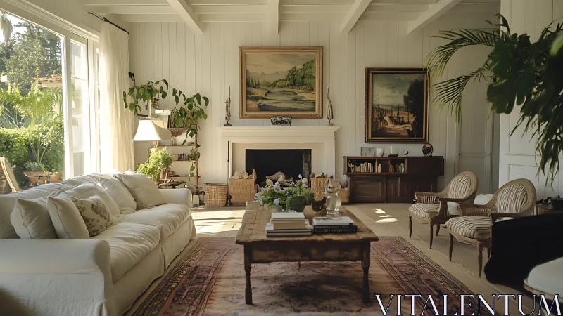 Sunlit cottage-style living room blends comfort and greenery.
