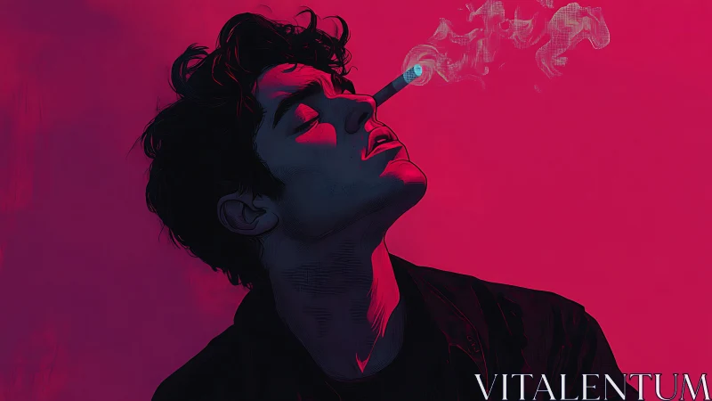 Moody neon portrait of man smoking in pink and blue light.