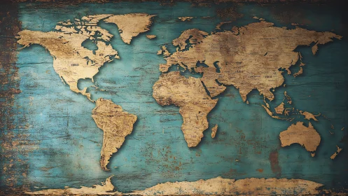 Aged world map silhouette overlays distressed teal plank ground
