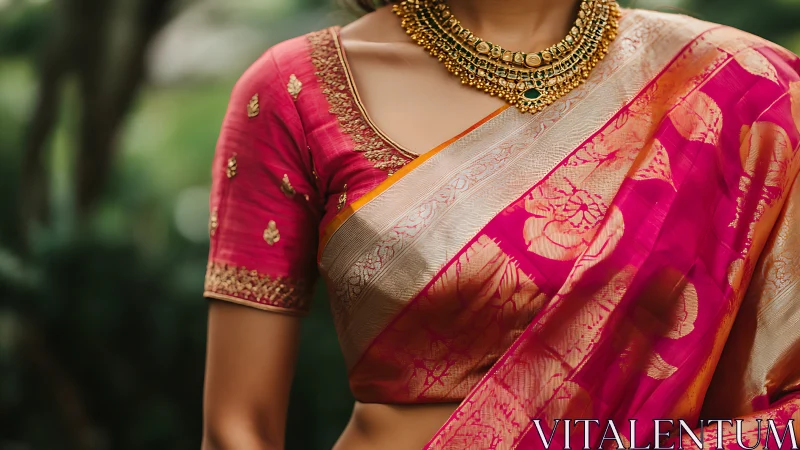 Silk saree drapes over gold blouse with temple jewelry.
