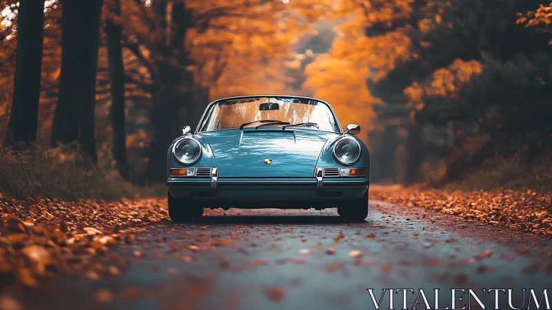 Vintage blue sports car cruising through quiet autumn woods.