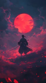 Lone samurai strides beneath a blood-red moonlit sky
