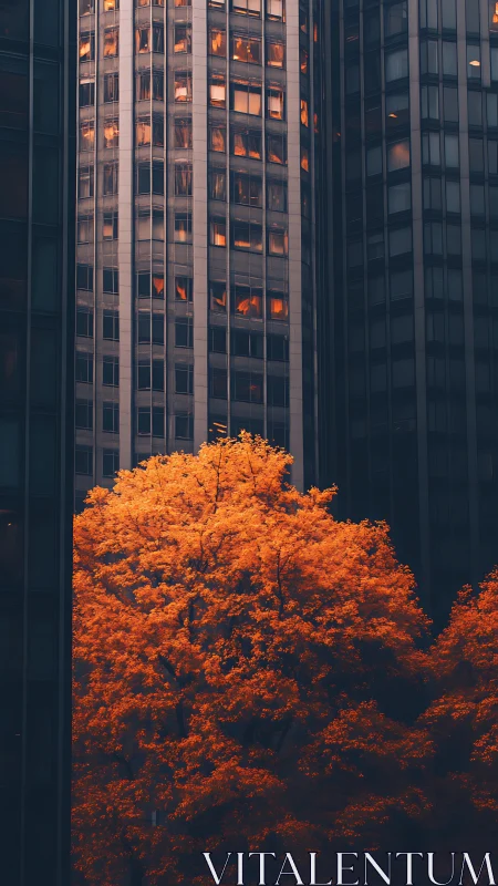 Urban high-rises frame dense orange foliage in foreground
